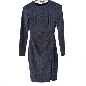 Ralph Lauren New Navy Shimmer Silver Accent Long Sleeve Ruched Cocktail Dress 0P